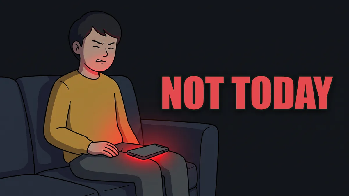 Video thumbnail - a wincing person on a dark sofa, a phone face-down on their knee glowing red