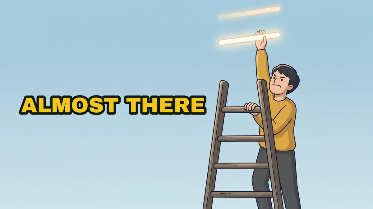 A person high on a ladder, reaching for a glowing rung, another rung forming above it