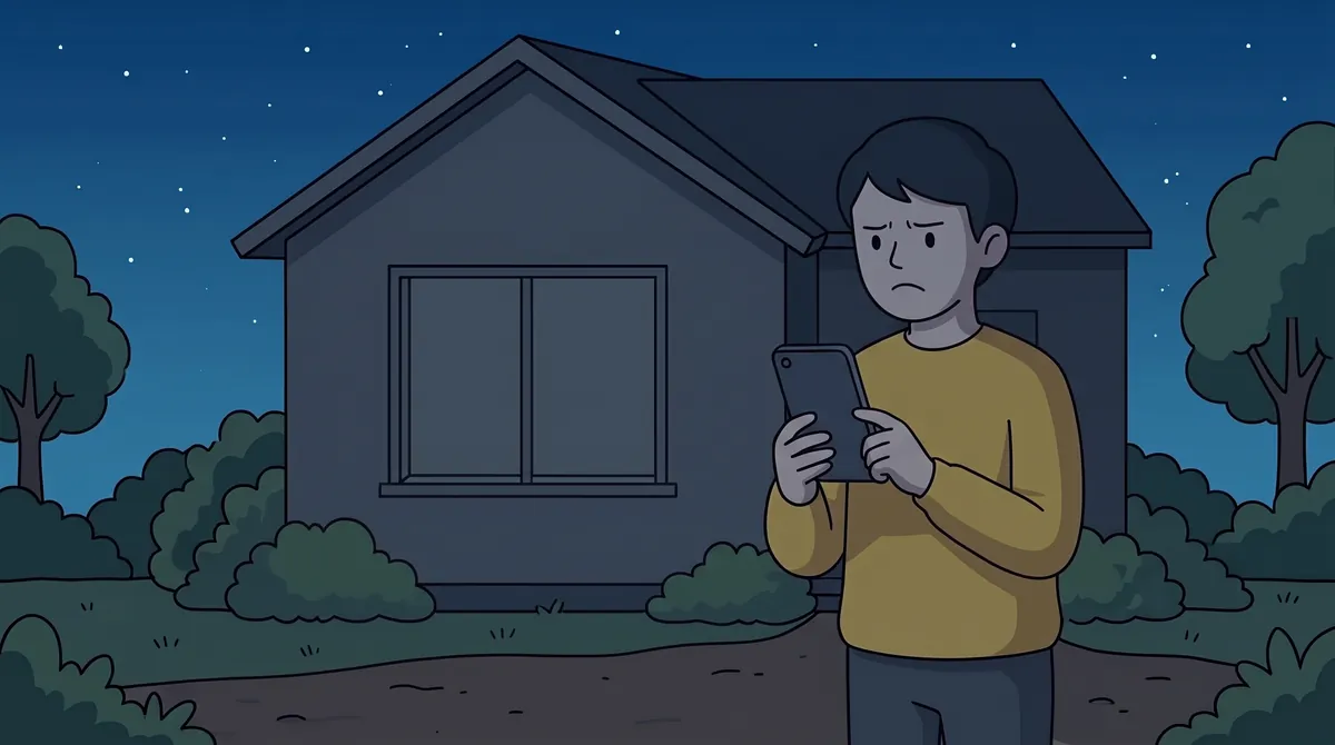A person standing outside a house at night, frowning at a phone, every window of the house dark