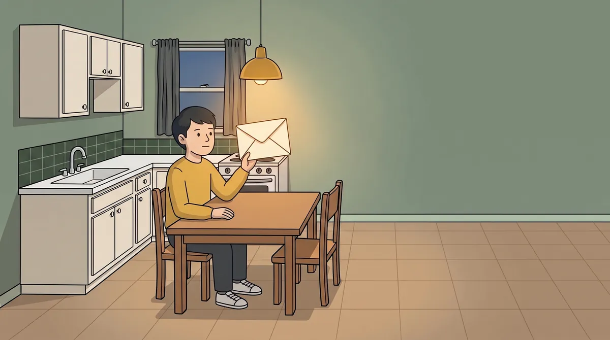 A person at a kitchen table under a lamp, holding up a sealed envelope without opening it