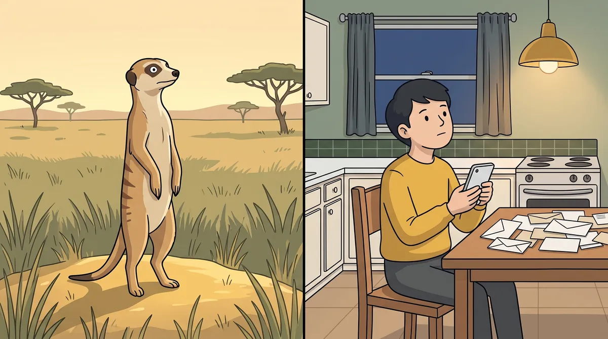 Split picture: a meerkat standing upright on watch, and a person at a kitchen table checking a phone beside opened letters