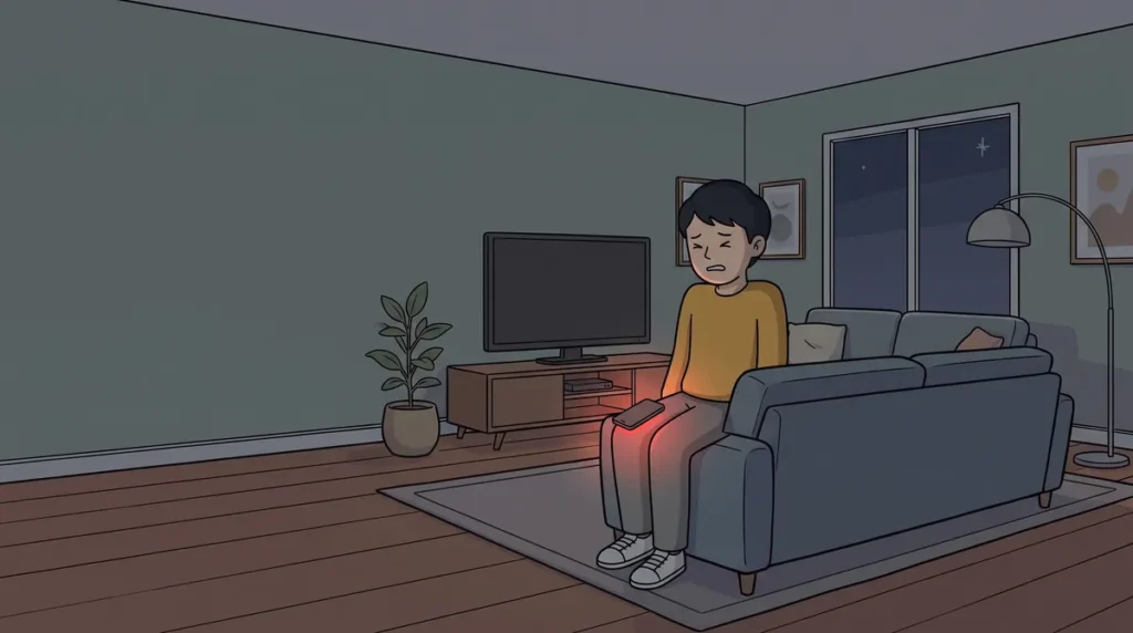A person on a sofa in a dim living room at night, wincing, a phone lying face-down on their knee with a red glow