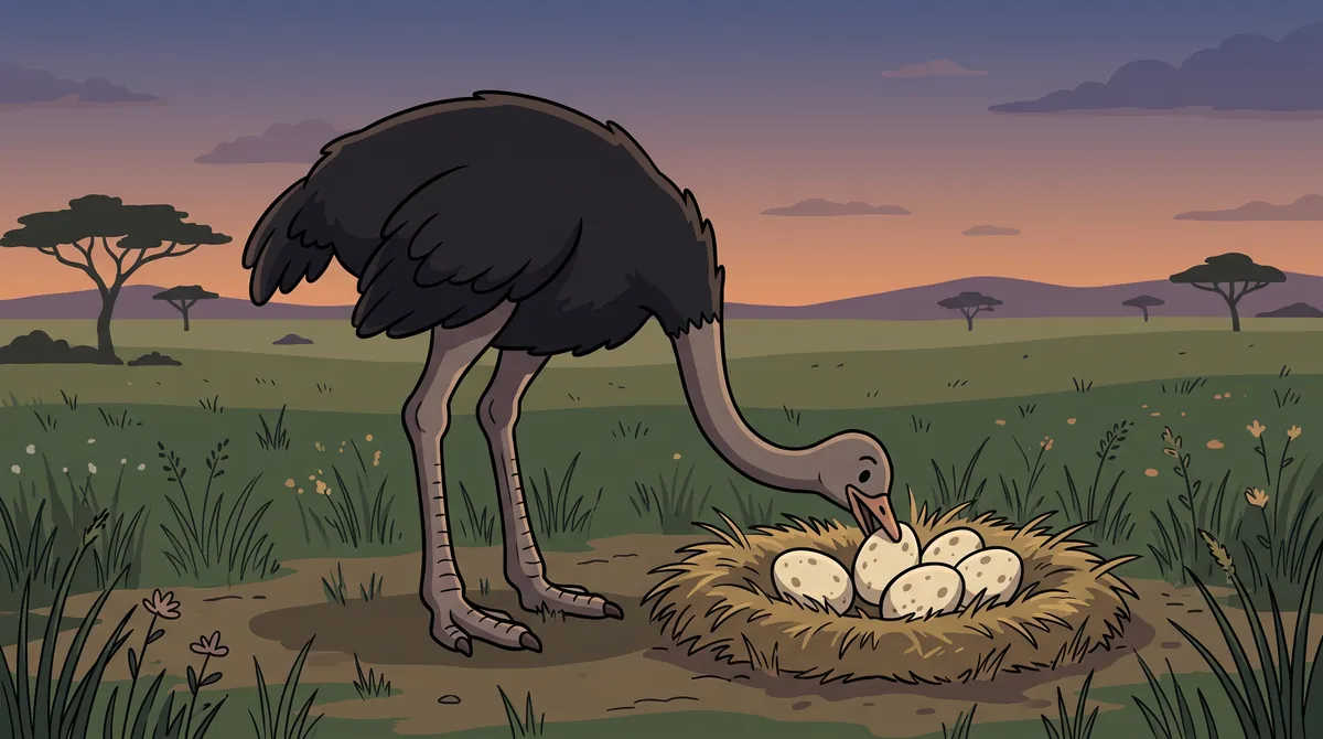 An ostrich on open grassland at dusk, head lowered into a nest of speckled eggs