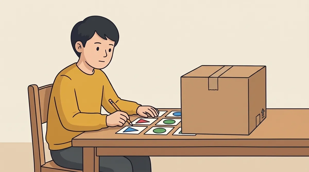 A person at a table working through a sheet of coloured shape puzzles, a cardboard box sitting beside the sheet