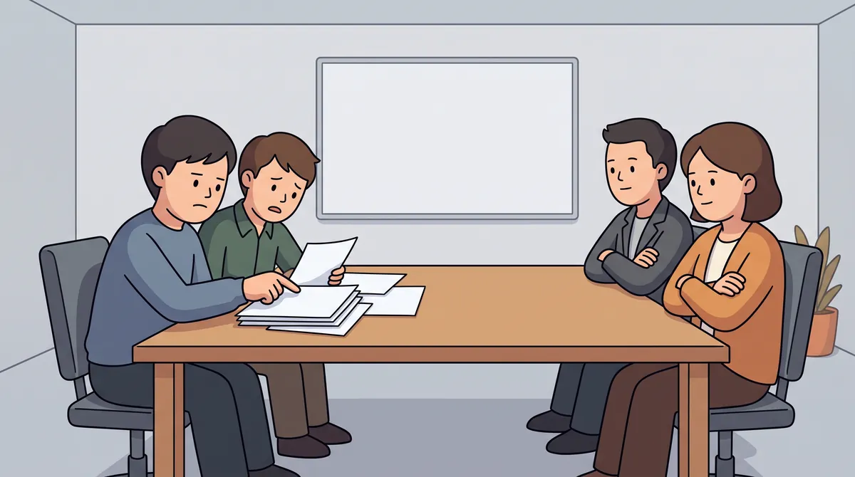 Two pairs of researchers facing each other across a meeting table, one side pointing at a printed paper